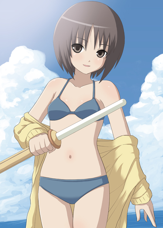 aka_(pixiv), bikini, brown_eyes, brown_hair, cloud, clouds, flat_chest, kashiwaba_tomoe