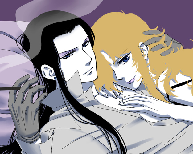 2boys, androgynous, between_fingers, black_hair, blonde_hair, cigarette, couple, eyeshadow