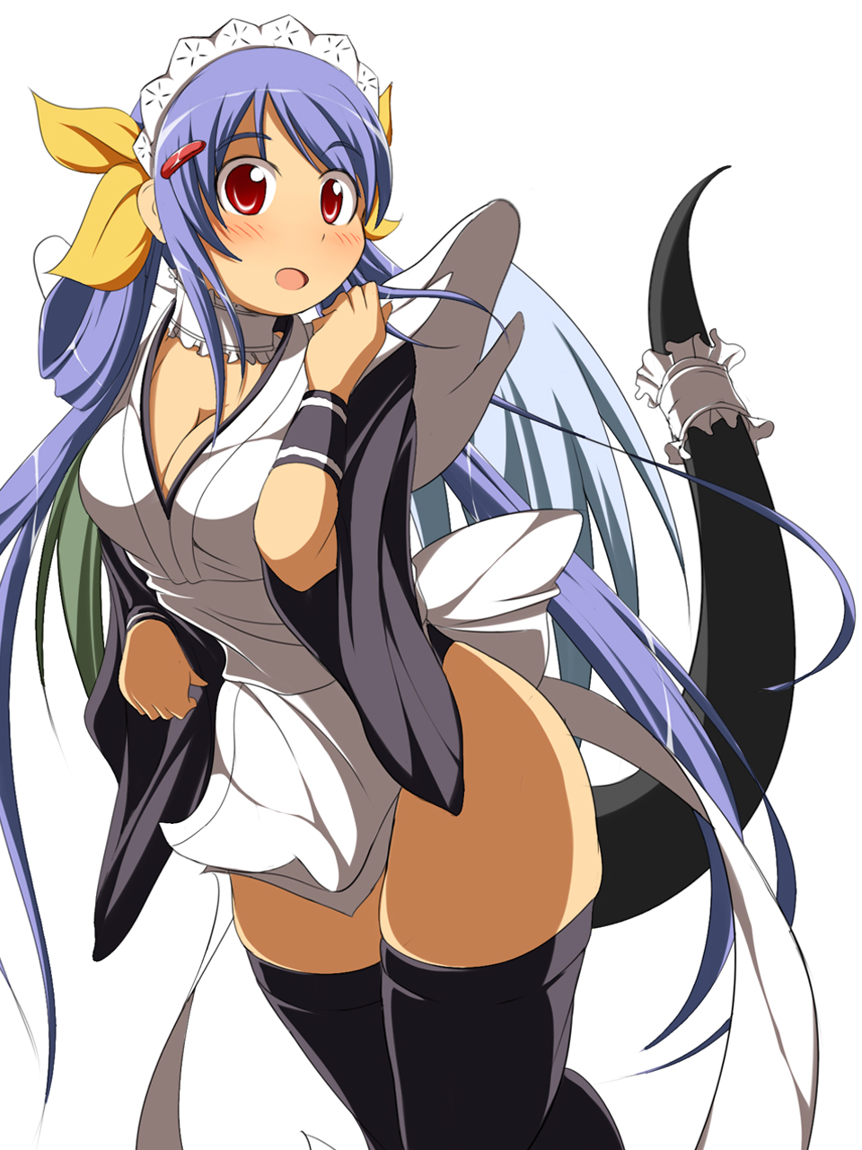 blue_hair, blush, breasts, choker, cleavage, cosplay, dizzy, guilty_gear, hair_ornament, hair_ribbon, hairclip, highres, iroha, iroha_(cosplay), maid_headdress, mirano, red_eyes, ribbon, samurai_spirits, snk, solo, tail, tail_ribbon, thigh-highs, thighhighs, twintails, wings, wristband, zettai_ryouiki