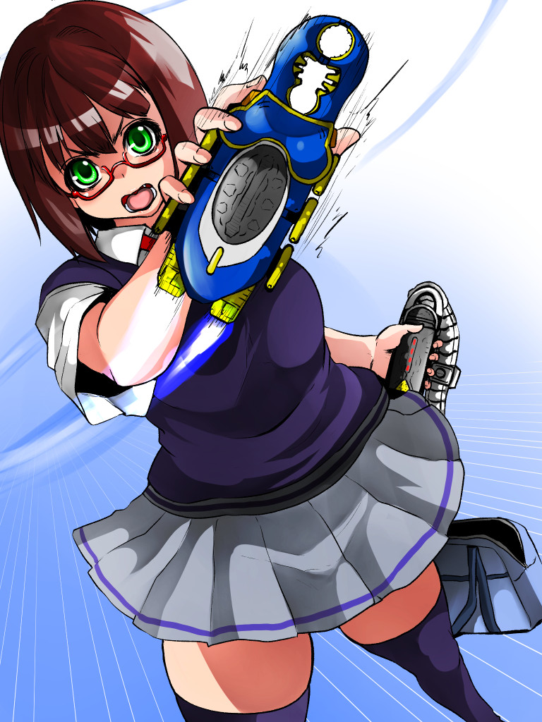 1girl, angry, bag, crossover, female, gatack_zecter, glasses, green_eyes