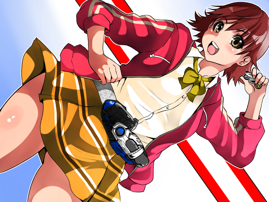 1girl, crossover, female, henshin, henshin_pose, honda_mio, idolmaster, idolmaster_cinderella_girls, isuna, kamen_rider, kamen_rider_drive_(series), kamen_rider_mach, mach_driver, parody, rider_belt, signal_bike, solo