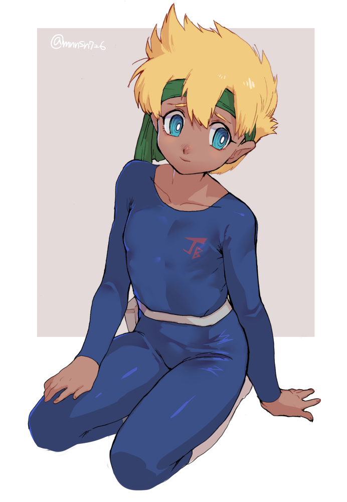 1boy, bakusou_kyoudai_let's_&amp;_go!!, belt, blonde_hair, blue_eyes, bodysuit, dark_skin, headband, j_(let's_&amp;_go), katsuoboshi, looking_to_the_side, male_focus, ringed_eyes, sitting, solo