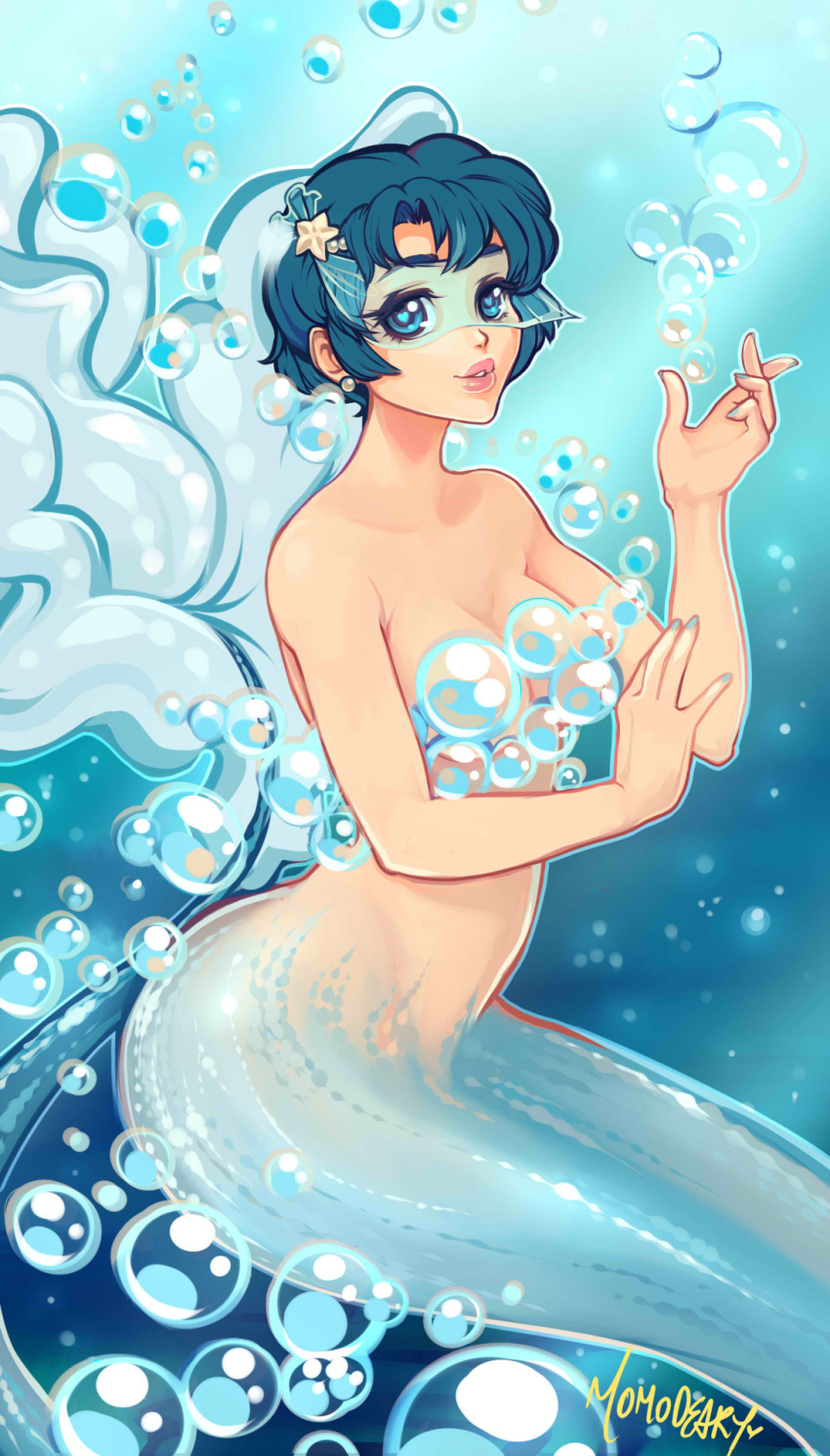 1girl, artist_name, bishoujo_senshi_sailor_moon, blue_hair, blue_nails, breasts, convenient_censoring, earrings