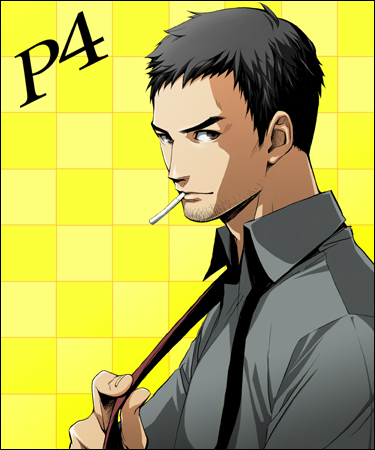 black_hair, brown_eyes, cigarette, doujima_ryoutarou, facial_hair, lowres, male, necktie