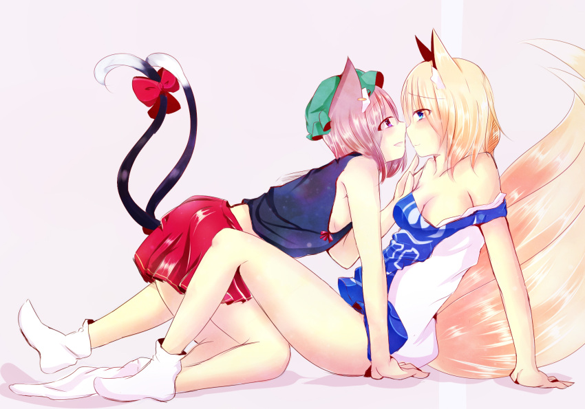 2girls, adapted_costume, alternate_costume, animal_ears, black_shirt, blonde_hair, blue_eyes, blush