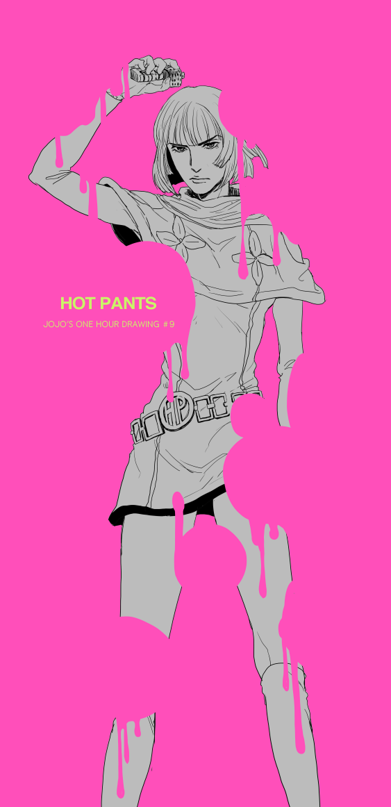 1girl, bangs, character_name, cream_starter_(stand), hako_(manboow), hot_pants_(sbr), jojo_no_kimyou_na_bouken, kneehighs, monochrome, pink_background, solo, stand_(jojo), steel_ball_run