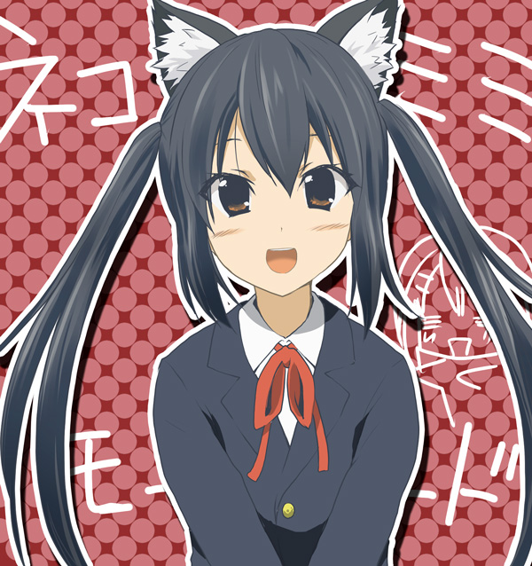 black_hair, blush, brown_eyes, cat_ears, hiroyoshi, k-on!, long_hair, nakano_azusa