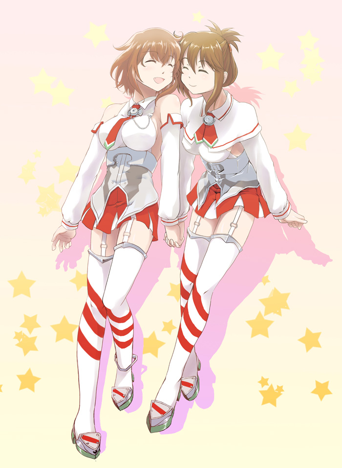 2girls, :d, breasts, brown_hair, capelet, closed_eyes, detached_sleeves, folded_ponytail, garter_straps, holding_hands, huziki1979hiro0818, ikazuchi_(kantai_collection), inazuma_(kantai_collection), kantai_collection, large_breasts, littorio_(kantai_collection), littorio_(kantai_collection)_(cosplay), multiple_girls, necktie, older, open_mouth, pleated_skirt, roma_(kantai_collection), roma_(kantai_collection)_(cosplay), shirt, short_hair, skirt, sleeveless, sleeveless_shirt, smile, striped, striped_legwear, thigh-highs