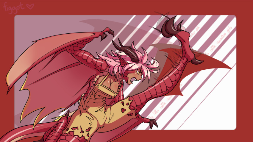 1girl, breasts, claws, cleavage, dragon_girl, dragon_horns, dragon_tail, dragon_wings, fangs, figgot, horns, kicking, monster_girl, monster_musume_no_iru_nichijou, naked_overalls, overalls, parody, pink_hair, pointy_ears, scales, signature, solo, tail, torn_clothes, wings, wyvern, wyvern_(monster_musume), yellow_eyes