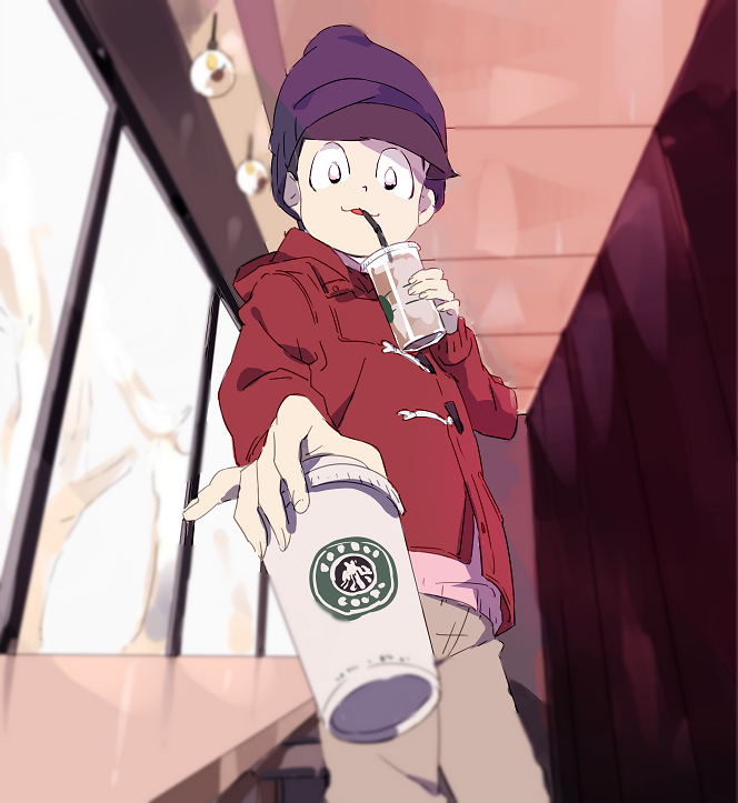 1boy, :3, beanie, black_hair, casual, coat, cowboy_shot, cup