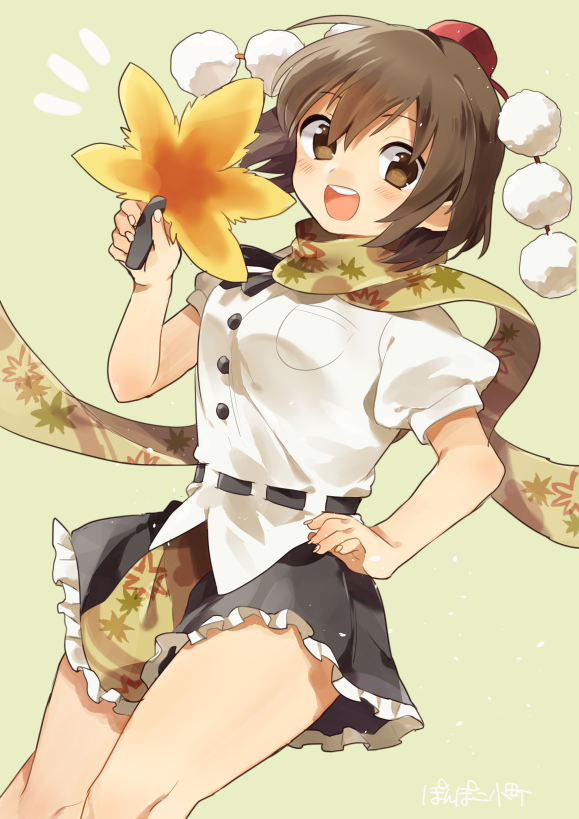 1girl, black_hair, brown_eyes, fan, frilled_skirt, frills, hat, leaf