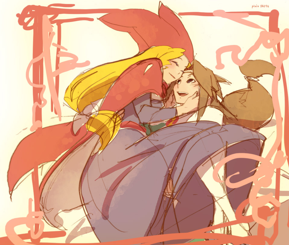 1boy, 1girl, blonde_hair, brown_hair, cape, carrying, couple, dress, hat, hetero, long_hair, narcia, narita, pietro_pakapuka, popolocrois, princess_carry, sketch, smile