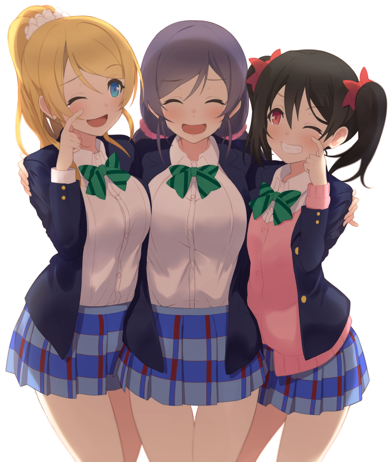 3girls, :d, ^_^, ayase_eli, blazer, blonde_hair, blue_eyes, blue_skirt