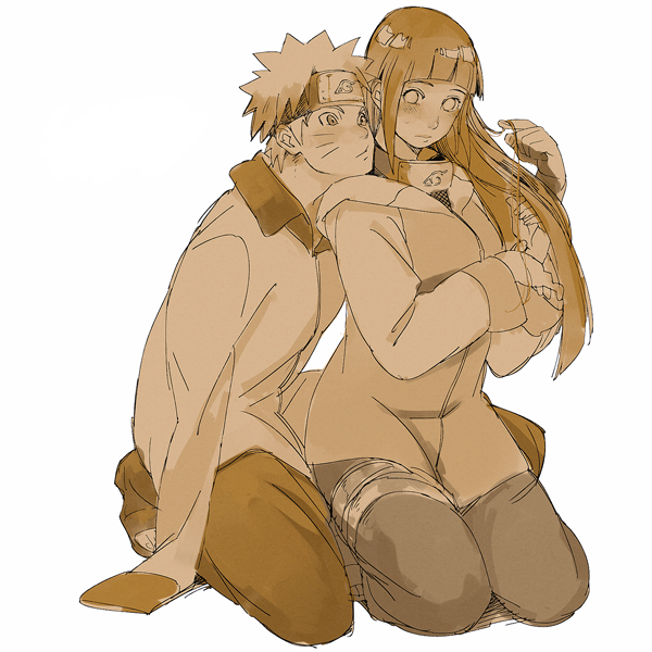 1boy, 1girl, amputee, forehead_protector, hyuuga_hinata, long_hair, mizo_(0zim), monochrome, naruto, naruto_shippuuden, short_hair, sketch, uzumaki_naruto