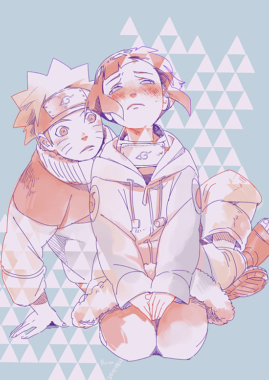 1boy, 1girl, blush, forehead_protector, hyuuga_hinata, jacket, mizo_(0zim), monochrome