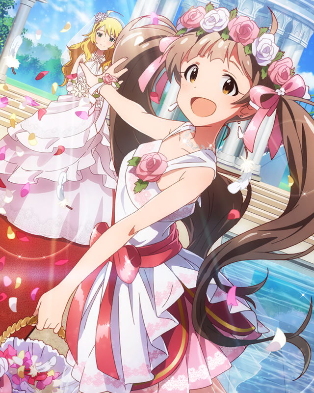 2girls, :d, artist_request, blonde_hair, bridesmaid, brown_eyes, brown_hair, dress