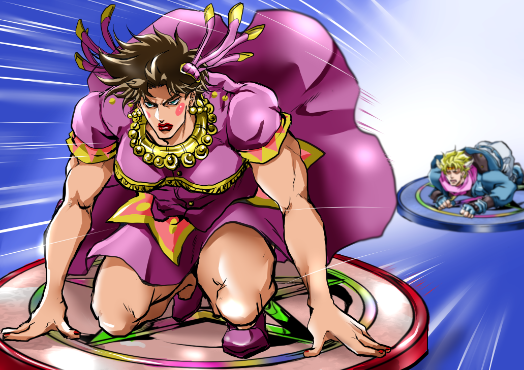 blonde_hair, blue_eyes, blurry, brown_hair, caesar_anthonio_zeppeli, crossdressinging, depth_of_field, dress