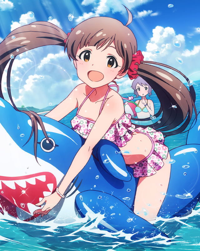 2girls, artist_request, bikini, bracelet, brown_eyes, brown_hair, frilled_bikini, frills