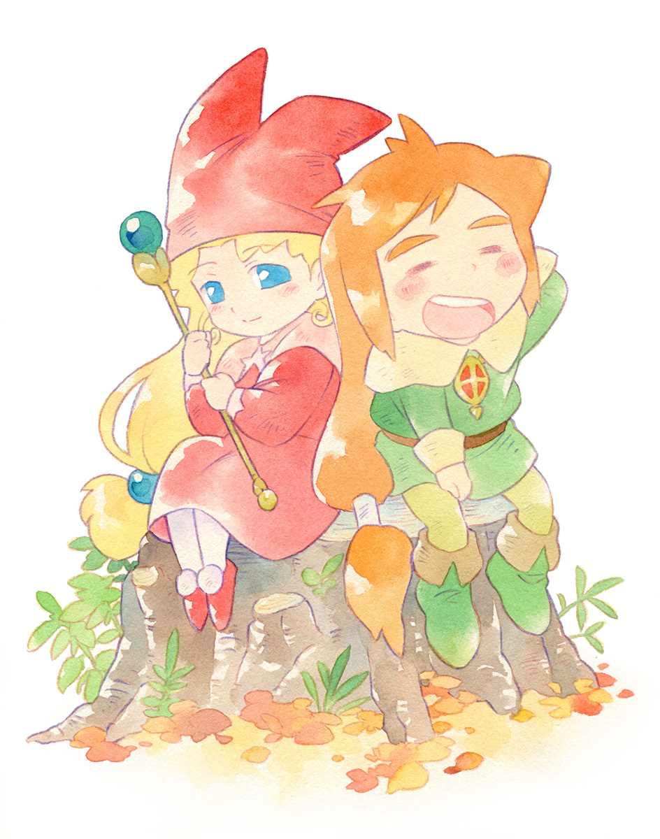 1boy, 1girl, agahari, blonde_hair, blue_eyes, closed_eyes, hat, highres, long_hair, narcia, orange_hair, pietro_pakapuka, popolocrois, staff, traditional_media, white_legwear