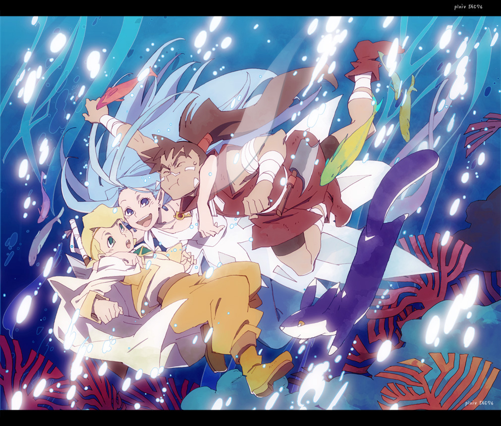 1girl, 2boys, blonde_hair, blue_eyes, blue_hair, brown_hair, cape, fish, green_eyes, long_hair, luna_(popolocrois), marco_(popolocrois), multiple_boys, narita, pinon_pakapuka, ponytail, popolocrois, underwater