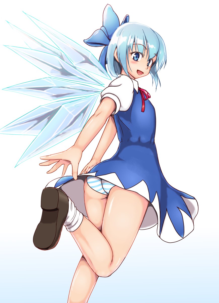 1girl, :d, ass, blue_eyes, blue_hair, blush, bow, cirno, dress, from_behind, hair_bow, highres, ice, ice_wings, large_bow, loafers, looking_at_viewer, open_mouth, orizen, panties, pantyshot, pantyshot_(standing), shoes, short_hair, smile, solo, standing, standing_on_one_leg, touhou, underwear, wings