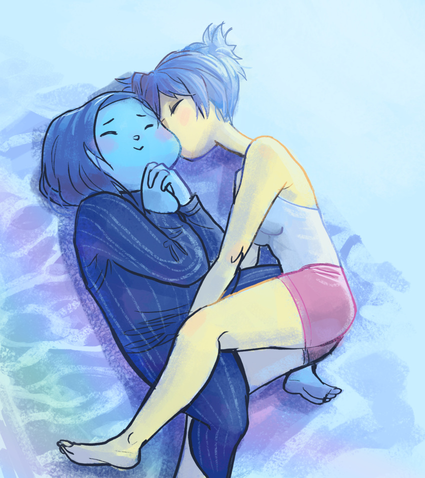 2girls, blush_stickers, catharticaagh, happy, highres, inside_out, joy_(inside_out), kiss