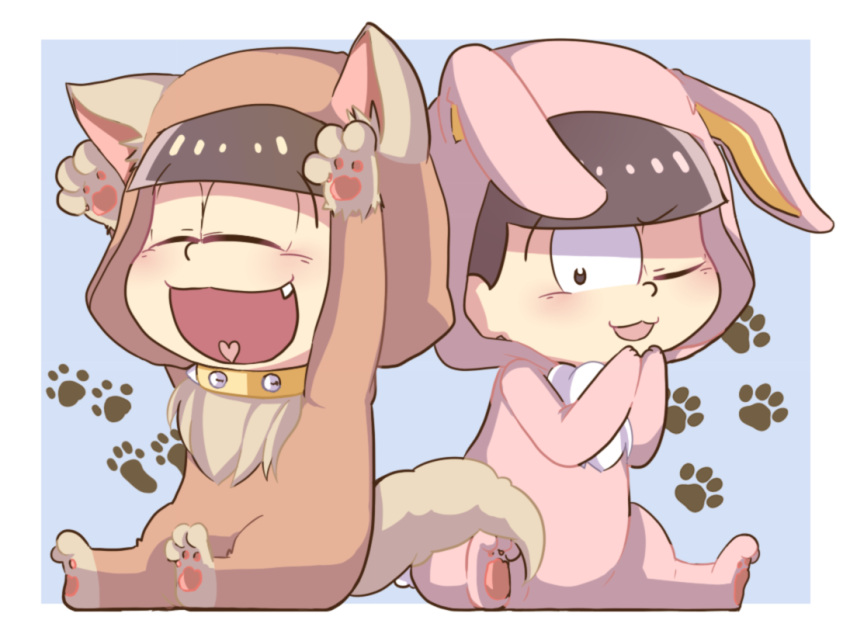 2boys, :3, :d, animal_costume, animal_ears, arms_up, bangs, black_eyes, black_hair, blunt_bangs, brothers, bunny_costume, chibi, closed_eyes, collar, dog_collar, dog_costume, dog_ears, dog_tail, full_body, fur, hand_to_own_mouth, happy, heart, heart_in_mouth, hood, jyushimatsu, korokorone310, looking_at_viewer, male_focus, multiple_boys, one_eye_closed, open_mouth, osomatsu-kun, osomatsu-san, paw_print, rabbit_ears, siblings, sitting, smile, tail, teeth, todomatsu