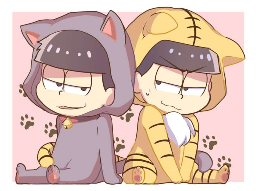 2boys, animal_costume, animal_ears, bangs, bell, bell_collar, black_eyes, black_hair