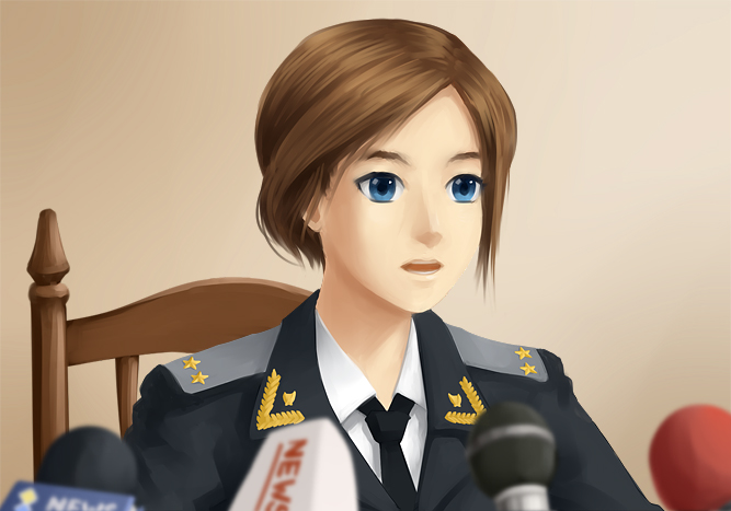 1girl, blue_eyes, brown_hair, chair, dress_shirt, gradient, gradient_background, indie, microphone, natalia_poklonskaya, necktie, real_life, shirt, solo