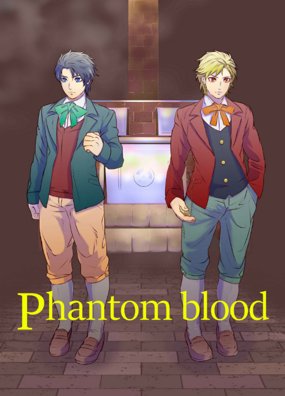 2boys, blonde_hair, blue_eyes, blue_hair, brick_floor, clenched_hand, dio_brando, formal