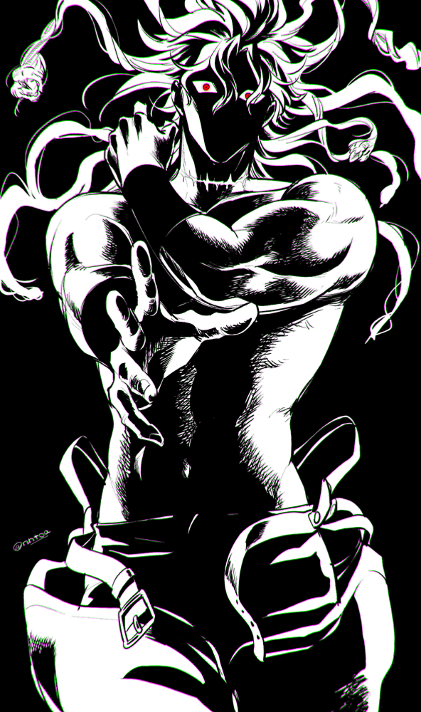 1boy, cowboy_shot, dio_brando, jojo_no_kimyou_na_bouken, kbs, male_focus, monochrome, red_eyes, scar, shirtless, solo, spot_color, tentacles, twitter_username, unbuckled_belt