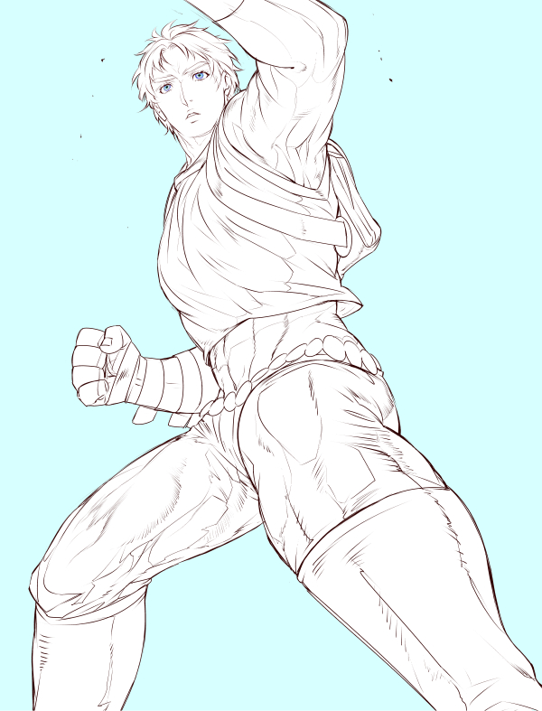 1boy, abs, aqua_background, backpack, bag, blue_eyes, boots, clenched_hand