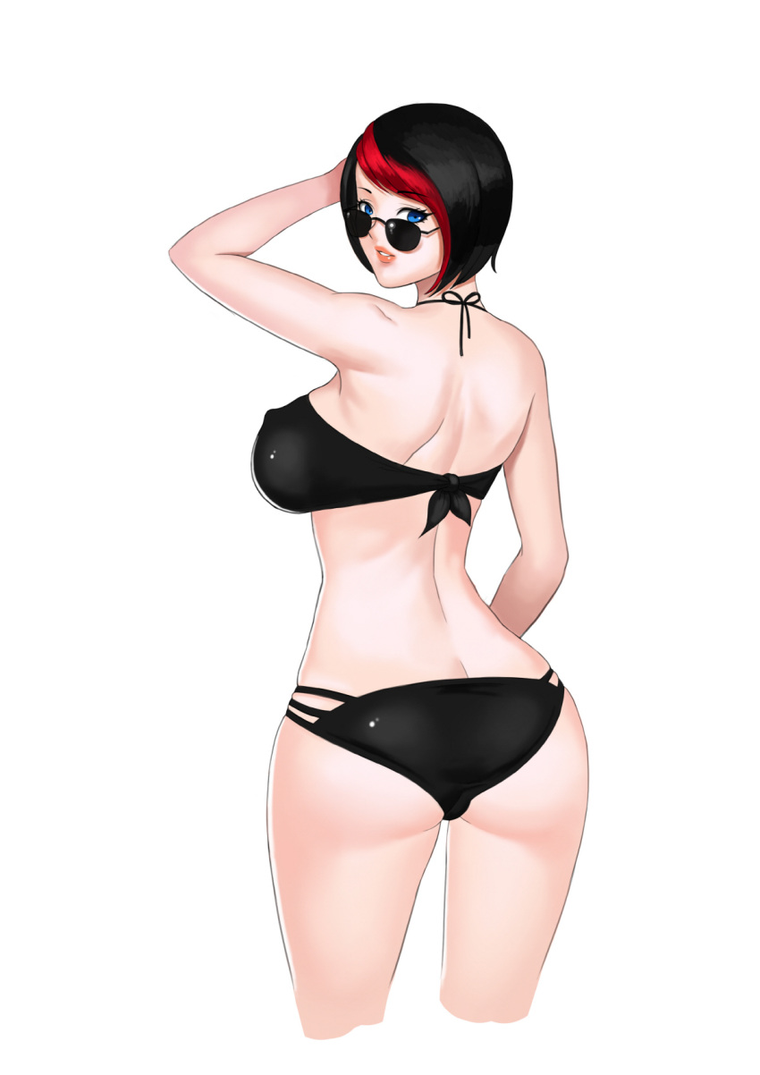 1girl, abbb, ass, bare_back, bare_shoulders, bikini, black_bikini, black_hair, blue_eyes, breasts, covered_nipples, fiora_laurent, highres, league_of_legends, lips, looking_at_viewer, looking_back, parted_lips, redhead, short_hair, simple_background, smile, solo, swimsuit, thighs, white_background