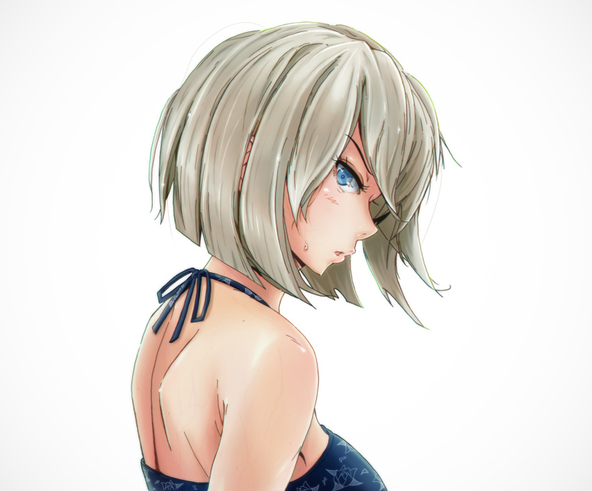 1girl, bare_shoulders, blue_eyes, blue_swimsuit, brown_hair, hamakaze_(kantai_collection), kantai_collection, lips, looking_back, lrig, parted_lips, short_hair, solo, swimsuit