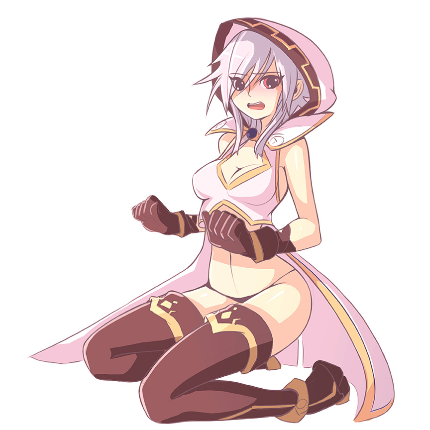 1girl, alternate_costume, blush, boots, breasts, cleavage, crop_top, crop_top_overhang