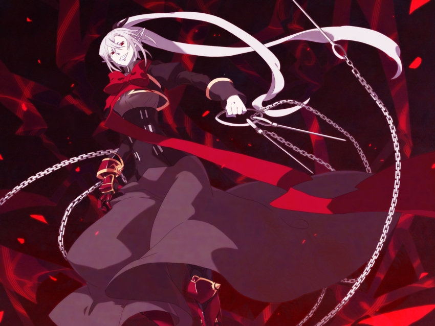 chain, chains, gauntlets, highres, ira96, long_skirt, pointy_ears, red_eyes, ribbon, white_hair, white_skin