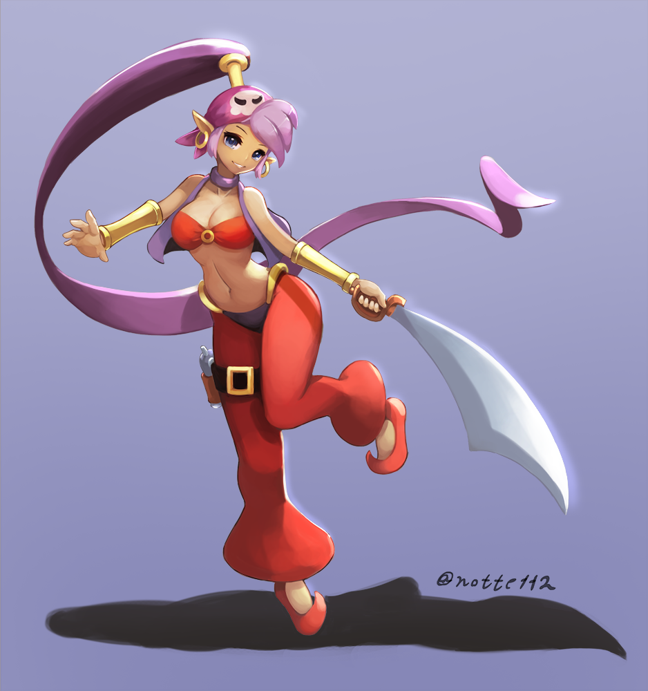 1girl, bandana, bandeau, blue_eyes, bracer, breasts, cleavage, cutlass_(sword)