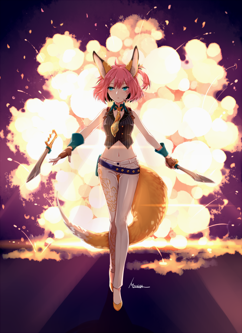 1girl, animal_ears, artist_name, belt, blue_eyes, closers, detached_collar, dual_wielding