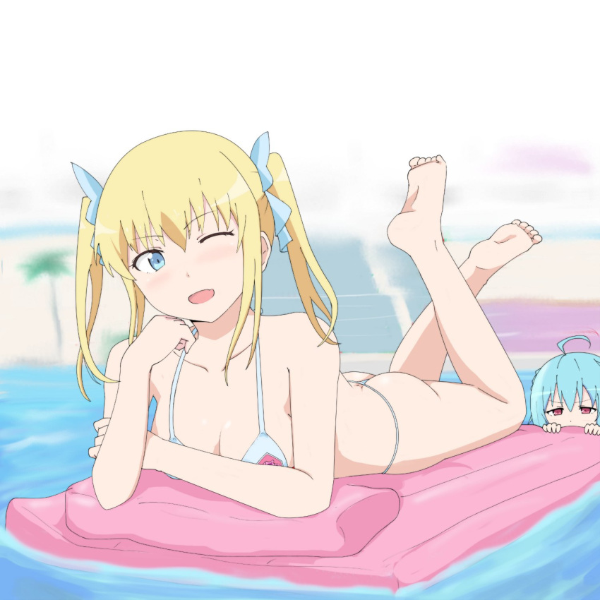 2girls, ahoge, ass, bikini, blonde_hair, blue_eyes, blue_hair, chin_rest