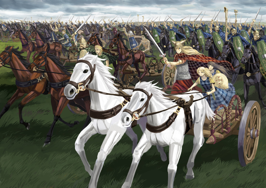 3girls, 6+boys, absurdres, armor, beard, blonde_hair, blue_eyes, boudica_(iceni_queen)