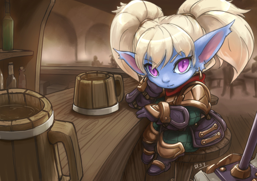 1girl, bar, beer_mug, blonde_hair, blue_skin, cup, hammer, league_of_legends, long_hair, pointy_ears, poppy, tie_baihe, translation_request, twintails, violet_eyes, yordle