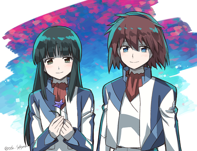 2girls, black_hair, blue_eyes, blush, brown_eyes, flower, hairband, hazama_shouko