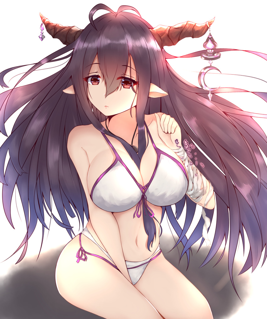 1girl, antenna_hair, ayase_chisato_(ay_c1), bandaged_arm, bandages, bikini, breasts, cleavage