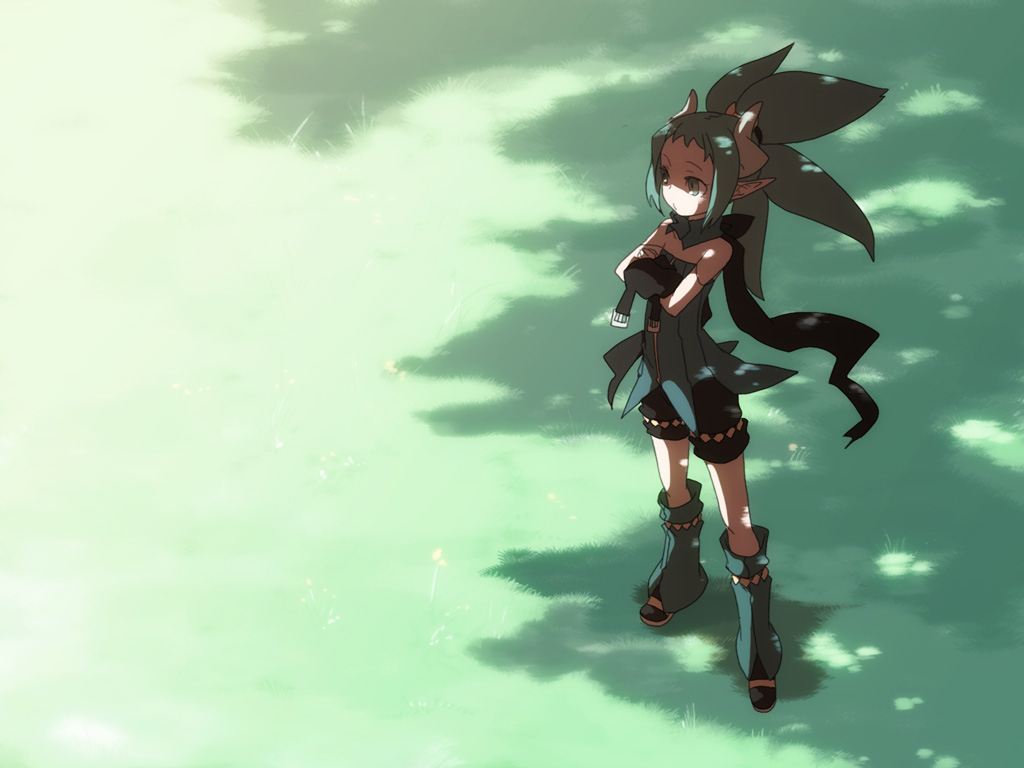 1024x768, grass, green_eyes, green_hair, horns, ira96, pointy_ears, wallpaper