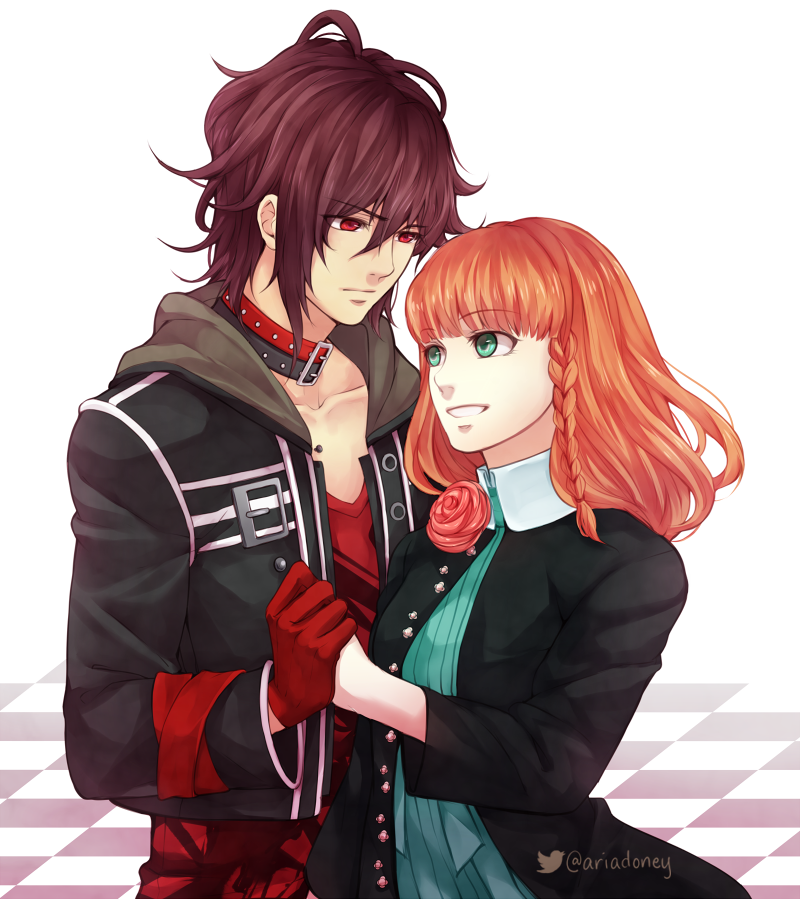 1boy, 1girl, amnesia_(idea_factory), black_hair, braid, brown_hair, choker, couple