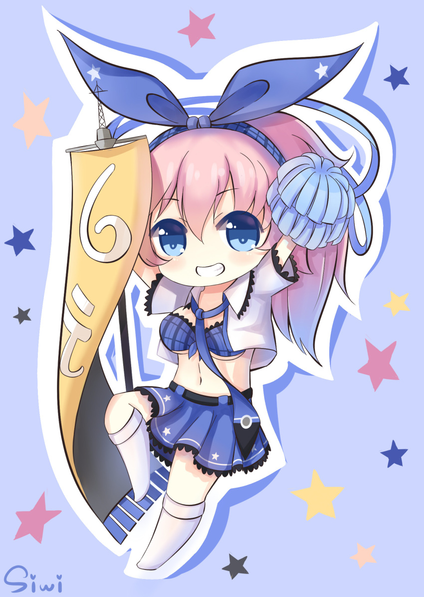 1girl, bikini_top, blue_eyes, blush, breasts, chibi, grin, hair_ribbon