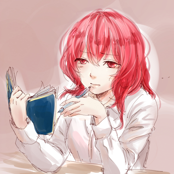 1girl, akizawa_aki, notebook, okazaki_yumemi, pen, red_eyes, redhead, touhou, touhou_(pc-98)