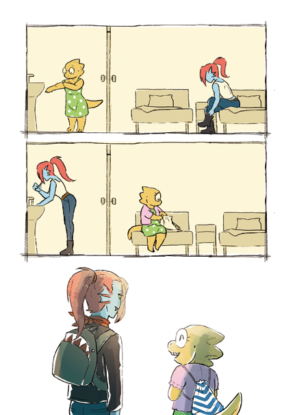 2girls, alphys, alternate_costume, blue_skin, casual, head_fins, lizard_taro, monster_girl
