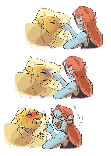 2girls, alphys, blue_skin, closed_eyes, eyeshadow, head_fins, lizard_taro, monster_girl