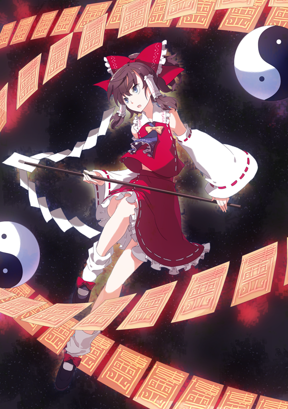 blue_eyes, brown_hair, detached_sleeves, hakurei_reimu, ira96, ribbon, short_hair, skirt